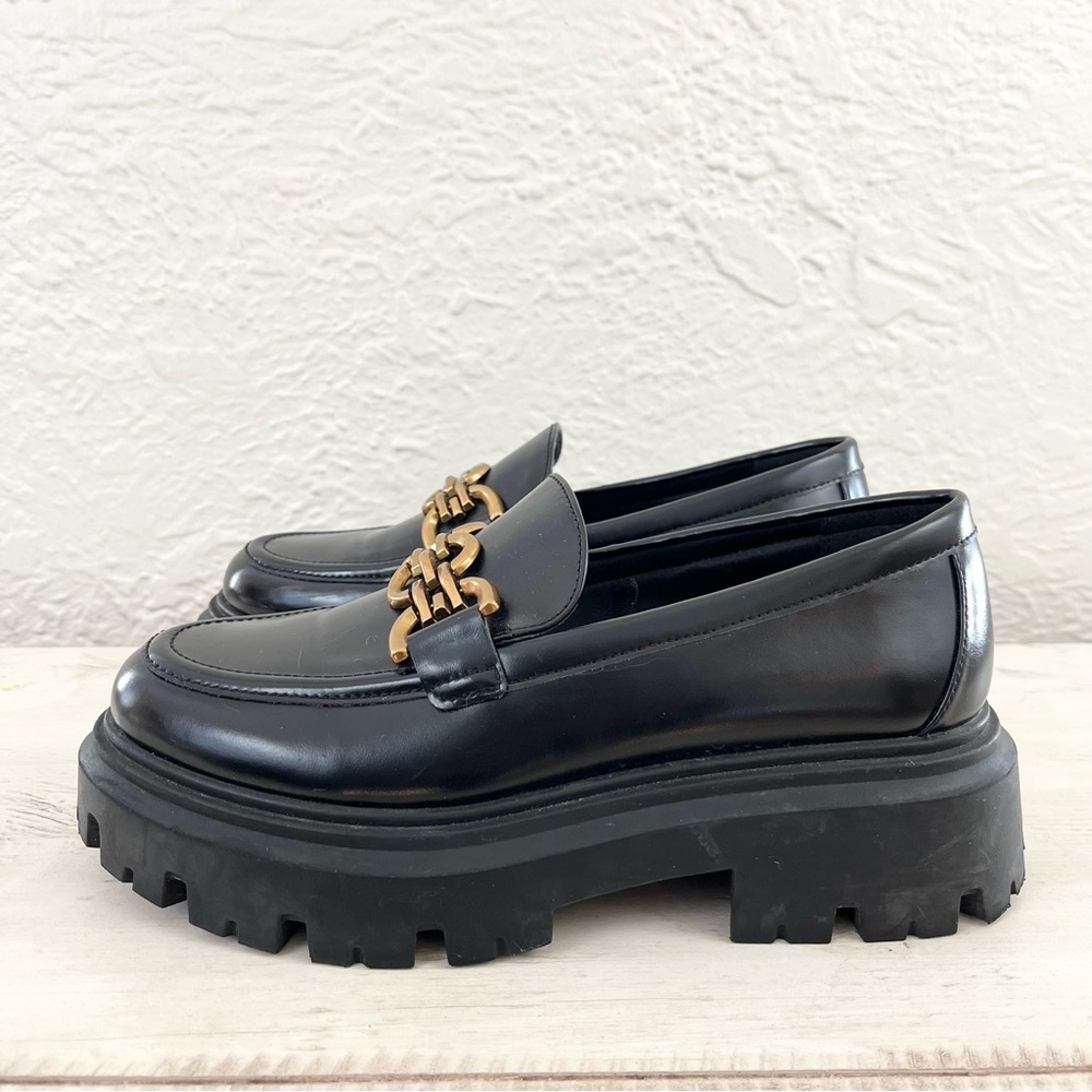 Black Leather Loafers with Gold Chain Detail